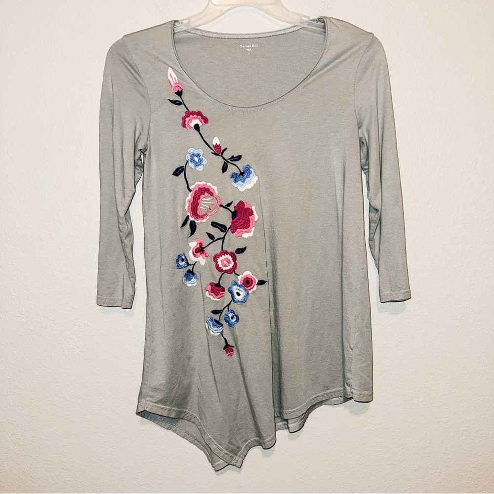 Garnet Hill Floral Embroidered Asymmetrical Tunic Top